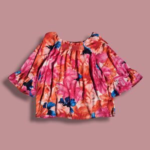TACERA Plus Size 3X Floral Bright Colorful Wide Neck Red Pink Blouse Top